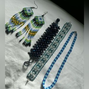 Handmade Artisan beaded earrings bracelet and necklace
